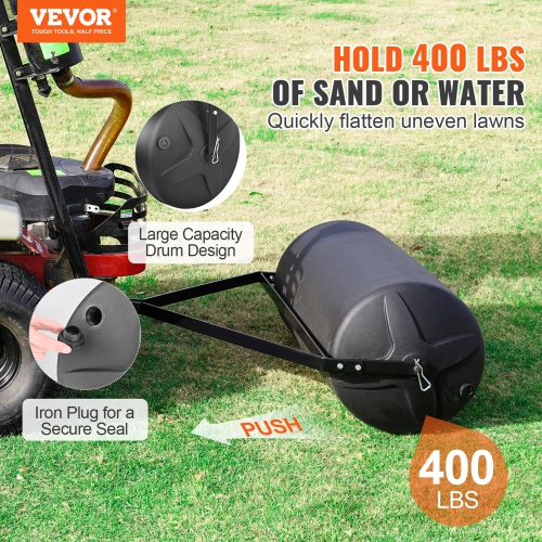 VEVOR 400lbs Tow Behind Lawn Roller, Sand/Water Filled Yard Roller, LLDPE Drum and Steel Frame Sod Roller with Easy-turn Plug, Tow Behind ATV for
