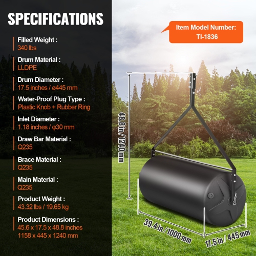VEVOR 400lbs Tow Behind Lawn Roller, Sand/Water Filled Yard Roller, LLDPE Drum and Steel Frame Sod Roller with Easy-turn Plug, Tow Behind ATV for