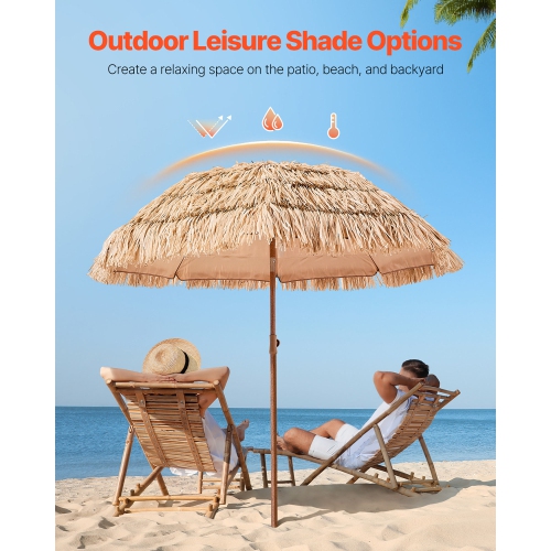 VEVOR 6.5 ft Tiki Umbrella, Thatched Patio Umbrella with Tilt, Hawaiian Style Beach Parasol with Durable PP Thatch and 8 Metal Ribs, Grass Pool