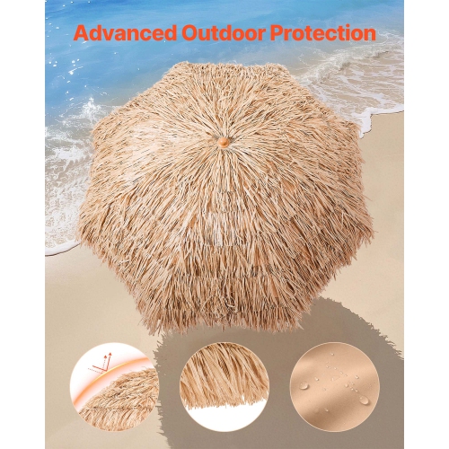VEVOR 6.5 ft Tiki Umbrella, Thatched Patio Umbrella with Tilt, Hawaiian Style Beach Parasol with Durable PP Thatch and 8 Metal Ribs, Grass Pool