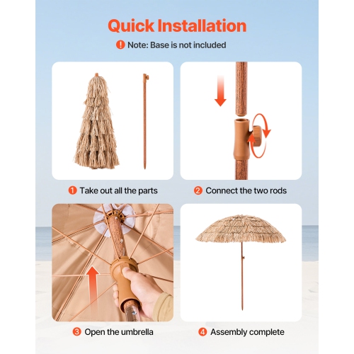 VEVOR 6.5 ft Tiki Umbrella, Thatched Patio Umbrella with Tilt, Hawaiian Style Beach Parasol with Durable PP Thatch and 8 Metal Ribs, Grass Pool