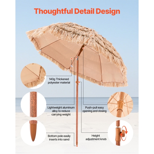 VEVOR 6.5 ft Tiki Umbrella, Thatched Patio Umbrella with Tilt, Hawaiian Style Beach Parasol with Durable PP Thatch and 8 Metal Ribs, Grass Pool