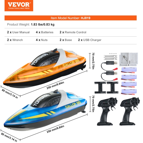 VEVOR 2 Pack RC Boat, 2.4GHz 12 km/h, Remote Control Boat for Pools & Lakes, with LED Light, 4 Rechargeable Batteries, Waterproof, Gift for Adults