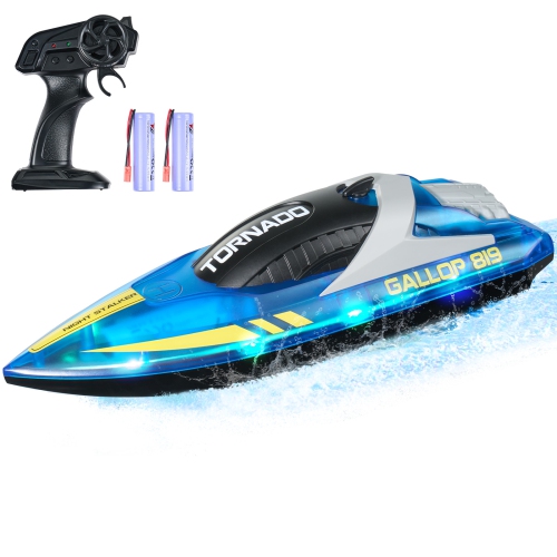 VEVOR 2.4GHz RC Boat, 12 km/h, Remote Control Boat for Pools & Lakes, with LED Light, 2 Rechargeable Batteries, Waterproof, Water Play Toy Gift for