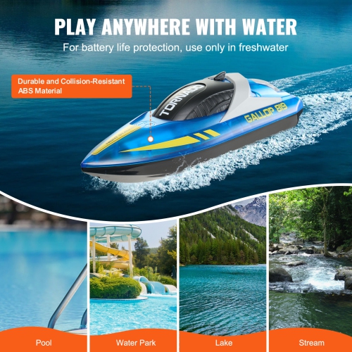 VEVOR 2.4GHz RC Boat, 12 km/h, Remote Control Boat for Pools & Lakes, with LED Light, 2 Rechargeable Batteries, Waterproof, Water Play Toy Gift for