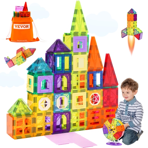 VEVOR  181 PCs Magnetic Tiles, Magnetic Building Blocks for Kids, \w Car Bases/ferris Wheel/letter & Digital Cards, Stem Construction Toys For