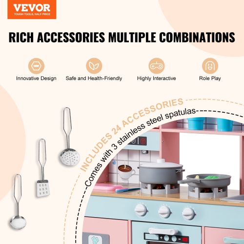 VEVOR Play Kitchen for Kids, Wooden Toy Kitchen Set with Lights and Sounds, with Ice Maker, Oven, Sink, Microwaves, Fridge and Utensil and Fruit
