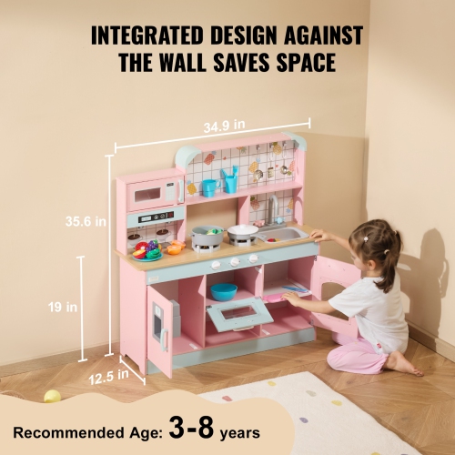 VEVOR Play Kitchen for Kids, Wooden Toy Kitchen Set with Lights and Sounds, with Ice Maker, Oven, Sink, Microwaves, Fridge and Utensil and Fruit