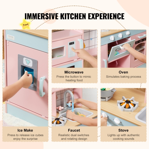 VEVOR Play Kitchen for Kids, Wooden Toy Kitchen Set with Lights and Sounds, with Ice Maker, Oven, Sink, Microwaves, Fridge and Utensil and Fruit