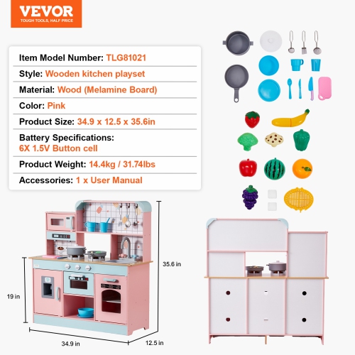 VEVOR Play Kitchen for Kids, Wooden Toy Kitchen Set with Lights and Sounds, with Ice Maker, Oven, Sink, Microwaves, Fridge and Utensil and Fruit