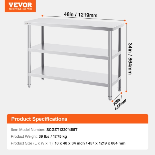 VEVOR 18 x 48 x 34 Inch Stainless Steel Food Prep Table, Commercial Kitchen Worktable, with 2 Adjustable Undershelf, Heavy Duty Prep Table Metal Work
