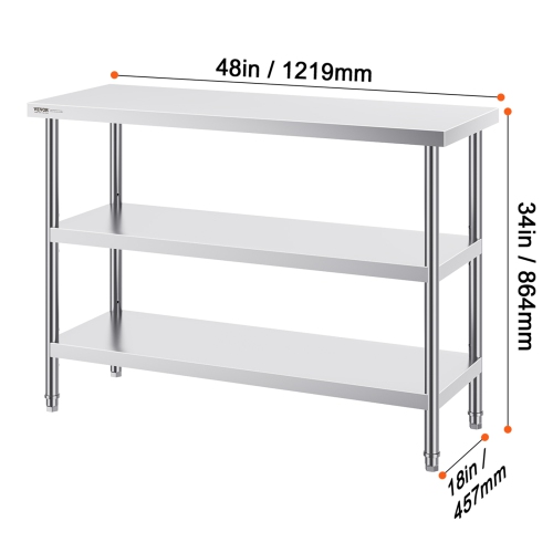 VEVOR 18 x 48 x 34 Inch Stainless Steel Food Prep Table, Commercial Kitchen Worktable, with 2 Adjustable Undershelf, Heavy Duty Prep Table Metal Work