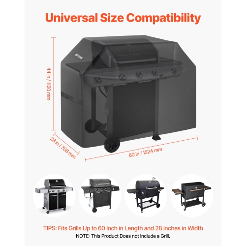VEVOR 60 inch Grill Cover, BBQ Covers for Outdoor Grills, Waterproof, Fade Resistant, Weather Resistant Heavy Duty 600D Polyester, Easy On/Off, with