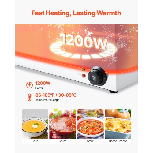 VEVOR 24QT Commercial Food Warmer, 4-Pan Electric Steam Table, 1200W Countertop Stainless Steel Buffet Bain Marie with 86-185°F Temp Control for