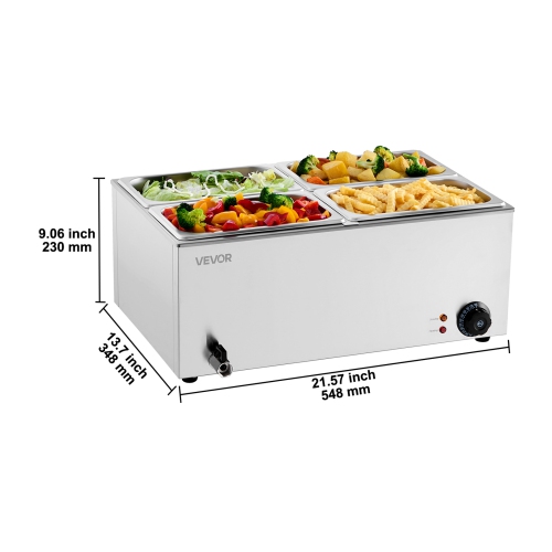 VEVOR 24QT Commercial Food Warmer, 4-Pan Electric Steam Table, 1200W Countertop Stainless Steel Buffet Bain Marie with 86-185°F Temp Control for