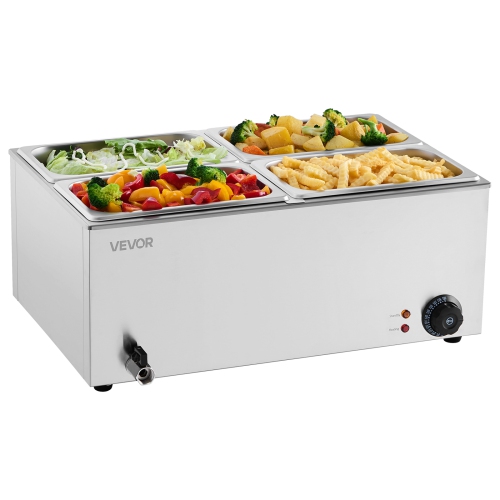 VEVOR 24QT Commercial Food Warmer, 4-Pan Electric Steam Table, 1200W Countertop Stainless Steel Buffet Bain Marie with 86-185°F Temp Control for