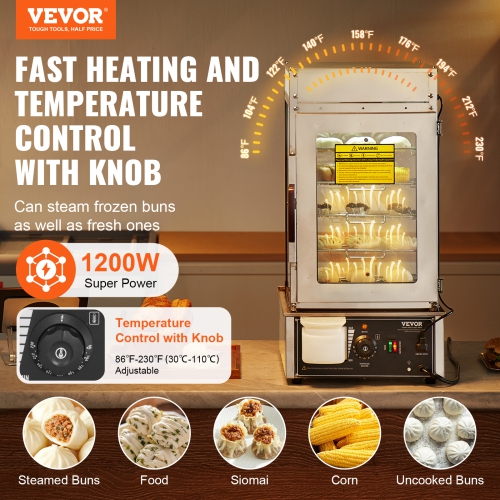 VEVOR 5-Tier Commercial Food Warmer Display, Food Steamer Bun Warmer Machine, 86℉~230℉ Temp Control, Stainless Steel Warmer with LED, Steam Heating