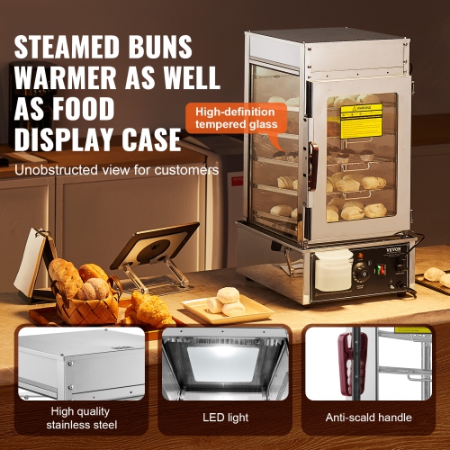 VEVOR 5-Tier Commercial Food Warmer Display, Food Steamer Bun Warmer Machine, 86℉~230℉ Temp Control, Stainless Steel Warmer with LED, Steam Heating