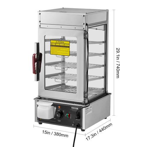 VEVOR 5-Tier Commercial Food Warmer Display, Food Steamer Bun Warmer Machine, 86℉~230℉ Temp Control, Stainless Steel Warmer with LED, Steam Heating