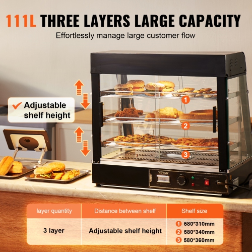VEVOR 3-Tier Commercial Food Warmer Display, 1200W with Light, Adjustable Shelf and Temperature Display, 86℉~185℉ Steam Heating, 111L for Hamburger,