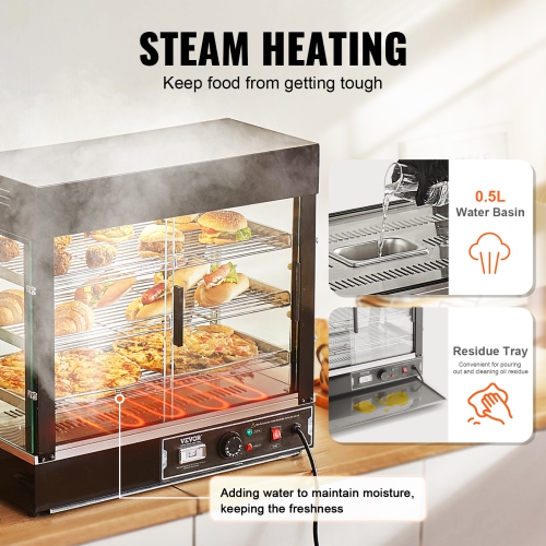 VEVOR 3-Tier Commercial Food Warmer Display, 1200W with Light, Adjustable Shelf and Temperature Display, 86℉~185℉ Steam Heating, 111L for Hamburger,