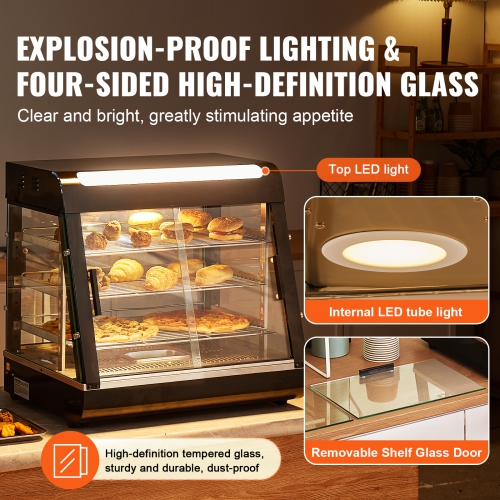 VEVOR 3-Tier Commercial Food Warmer Display, 1200W with Light, Adjustable Shelf and Temperature Display, 86℉~185℉ Steam Heating, 111L for Hamburger,