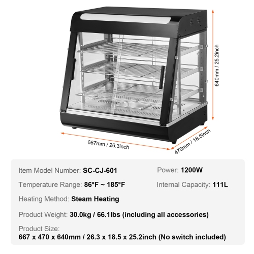 VEVOR 3-Tier Commercial Food Warmer Display, 1200W with Light, Adjustable Shelf and Temperature Display, 86℉~185℉ Steam Heating, 111L for Hamburger,