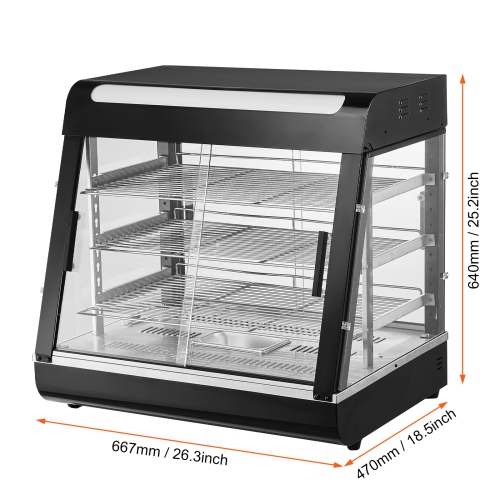 VEVOR 3-Tier Commercial Food Warmer Display, 1200W with Light, Adjustable Shelf and Temperature Display, 86℉~185℉ Steam Heating, 111L for Hamburger,
