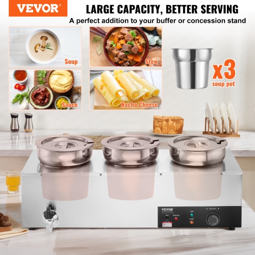VEVOR 7.4QT Electric Soup Warmer, 3 Stainless Steel Round Pot, 1200W Commercial Food Warmer, 86~185°F Temp Control, with Anti-Dry Burn and Reset