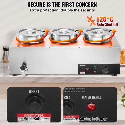 VEVOR 7.4QT Electric Soup Warmer, 3 Stainless Steel Round Pot, 1200W Commercial Food Warmer, 86~185°F Temp Control, with Anti-Dry Burn and Reset