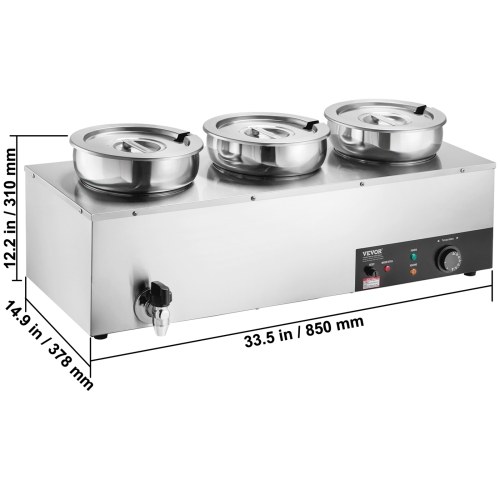 VEVOR 7.4QT Electric Soup Warmer, 3 Stainless Steel Round Pot, 1200W Commercial Food Warmer, 86~185°F Temp Control, with Anti-Dry Burn and Reset
