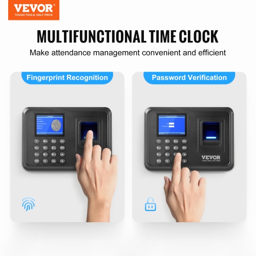 VEVOR Time Clock, Fingerprint Time Clocks for Employees Small Business, Biometric Time Clock with USB Drive, Automatic Punch In/Out, No Monthly Fees