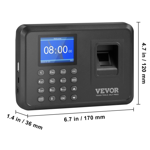 VEVOR Time Clock, Fingerprint Time Clocks for Employees Small Business, Biometric Time Clock with USB Drive, Automatic Punch In/Out, No Monthly Fees