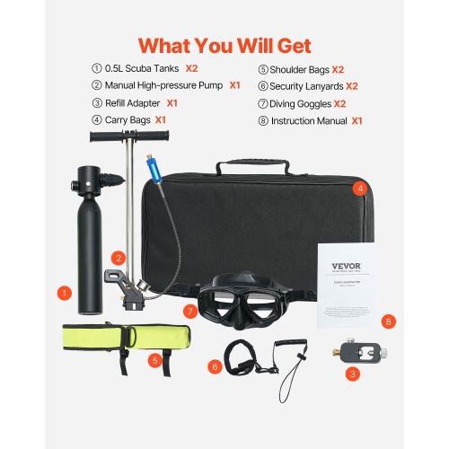 VEVOR 0.5L Scuba Tank,Portable Diving Tank with Pump, Diving Oxygen Cylinder Supports 5-10 Minutes Underwater Breathing, 98.43 ft Diving Depth,