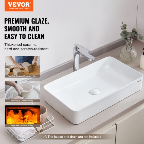 VEVOR 24" x 13.8" Rectangle Vessel Sink, Bathroom Vessel Sink Countertop, White Ceramic Bathroom Sinks Above Counter, Modern Style, Bright and