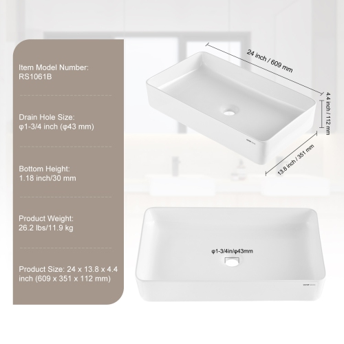 VEVOR 24" x 13.8" Rectangle Vessel Sink, Bathroom Vessel Sink Countertop, White Ceramic Bathroom Sinks Above Counter, Modern Style, Bright and