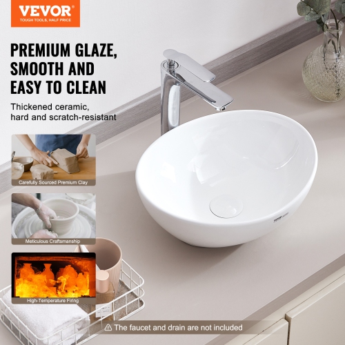 VEVOR 16" x 13.4" Oval Vessel Sink, Bathroom Vessel Sink Bowl Countertop, White Ceramic Bathroom Sinks Above Counter, Bowl Sink with Modern Style,
