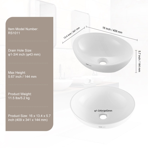VEVOR 16" x 13.4" Oval Vessel Sink, Bathroom Vessel Sink Bowl Countertop, White Ceramic Bathroom Sinks Above Counter, Bowl Sink with Modern Style,