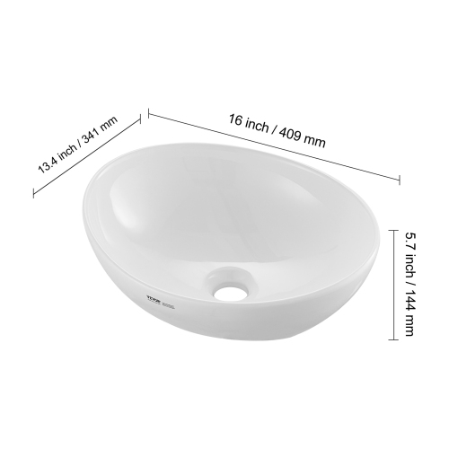 VEVOR 16" x 13.4" Oval Vessel Sink, Bathroom Vessel Sink Bowl Countertop, White Ceramic Bathroom Sinks Above Counter, Bowl Sink with Modern Style,