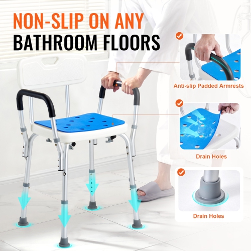 VEVOR 400 lbs Capacity Shower Chair, Shower Seat with Back, Adjustable Height Shower Stool, Shower Chair for Inside Shower Bathtub, Non-slip Bathroom