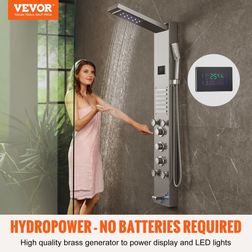 VEVOR Shower Panel System, 6 Shower Modes, LED & Screen Hydroelectricity Shower Panel Tower,5 Massage Jets, Tub Spout, Handheld Shower, Stainless