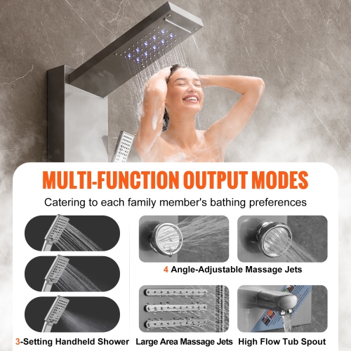 VEVOR Shower Panel System, 6 Shower Modes, LED & Screen Hydroelectricity Shower Panel Tower,5 Massage Jets, Tub Spout, Handheld Shower, Stainless