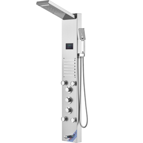 VEVOR Shower Panel System, 6 Shower Modes, LED & Screen Hydroelectricity Shower Panel Tower,5 Massage Jets, Tub Spout, Handheld Shower, Stainless