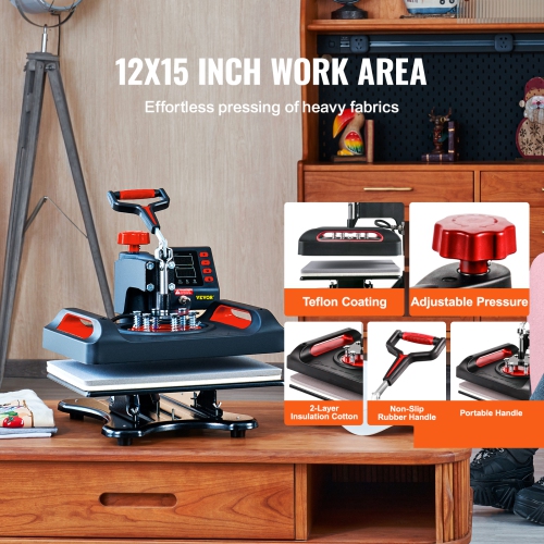 VEVOR 12 x 15 Inch Heat Press Machine 8 in 1 Heat Press Sublimation Machine 360° Rotation Swing Away 8 in 1 Shirt Printing Machine Dual-Tube Heating