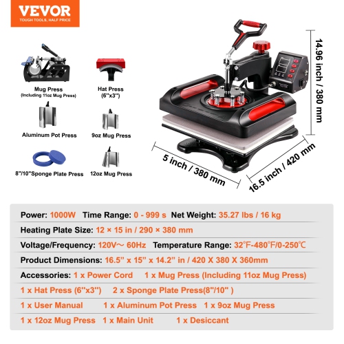 VEVOR 12 x 15 Inch Heat Press Machine 8 in 1 Heat Press Sublimation Machine 360° Rotation Swing Away 8 in 1 Shirt Printing Machine Dual-Tube Heating