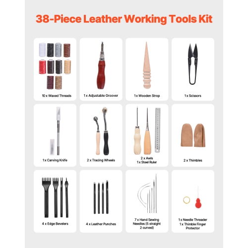 VEVOR 38 PCS Leather Working Tools Kit, Leather Craft Tools with Portable Canvas Storage Bag, Engraving Punching Sewing Stamping Cutting Tools, Ideal