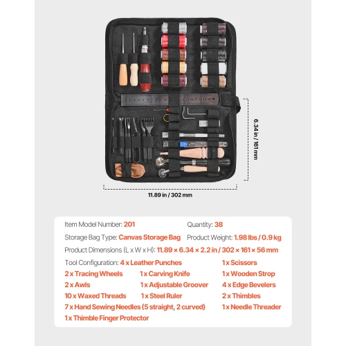 VEVOR 38 PCS Leather Working Tools Kit, Leather Craft Tools with Portable Canvas Storage Bag, Engraving Punching Sewing Stamping Cutting Tools, Ideal