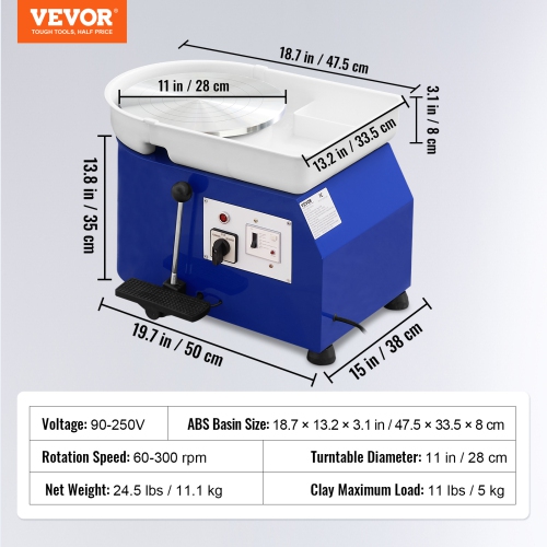 VEVOR 11in Pottery Wheel, Ceramic Wheel Forming Machine,Adjustable 0-300RPM Speed Handle and Foot Pedal Control,ABS Detachable Basin Sculpting Tool