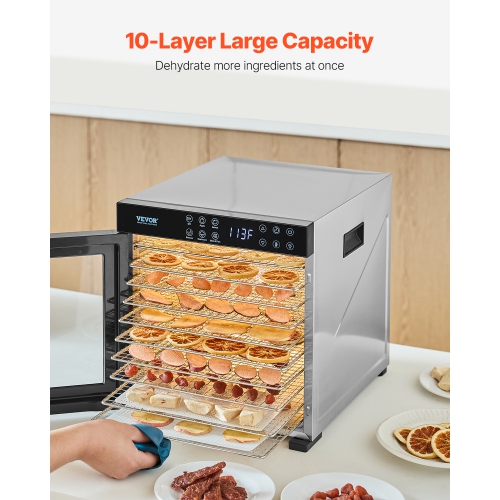 VEVOR 1000W Food Dehydrator Machine, 10 Stainless Steel Trays, Electric Food Dryer with Adjustable Temperature & 24-Hour Timer, Freeze Dryer for