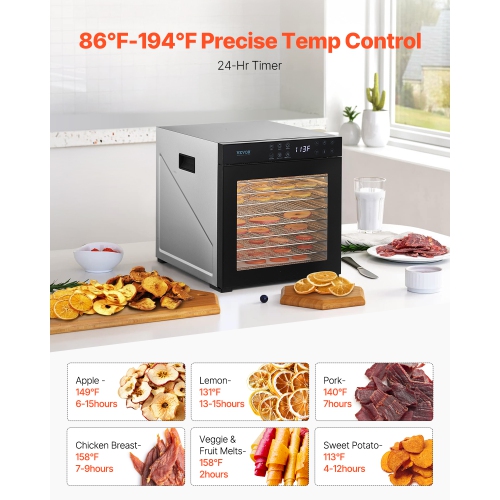 VEVOR 1000W Food Dehydrator Machine, 10 Stainless Steel Trays, Electric Food Dryer with Adjustable Temperature & 24-Hour Timer, Freeze Dryer for